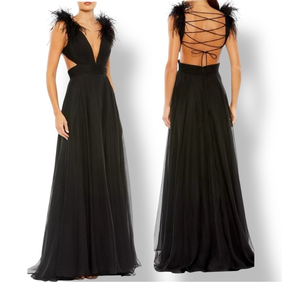 Mac Duggal 68113 NWT Feather Cap Sleeve Lace Gown with High Slit Black
